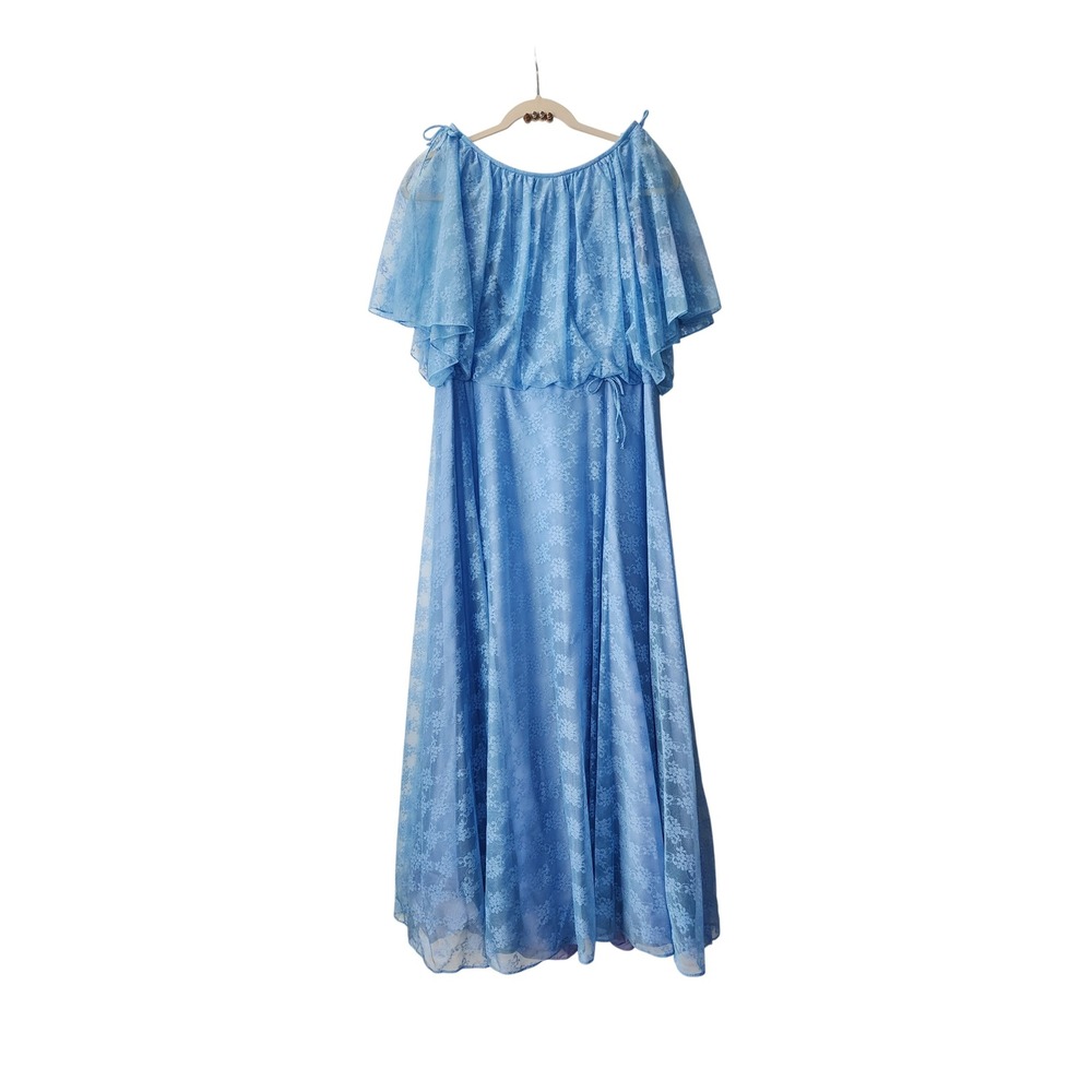 Vintage Blue Lace Cold Shoulder Flutter Sleeve Maxi Gown Size 14